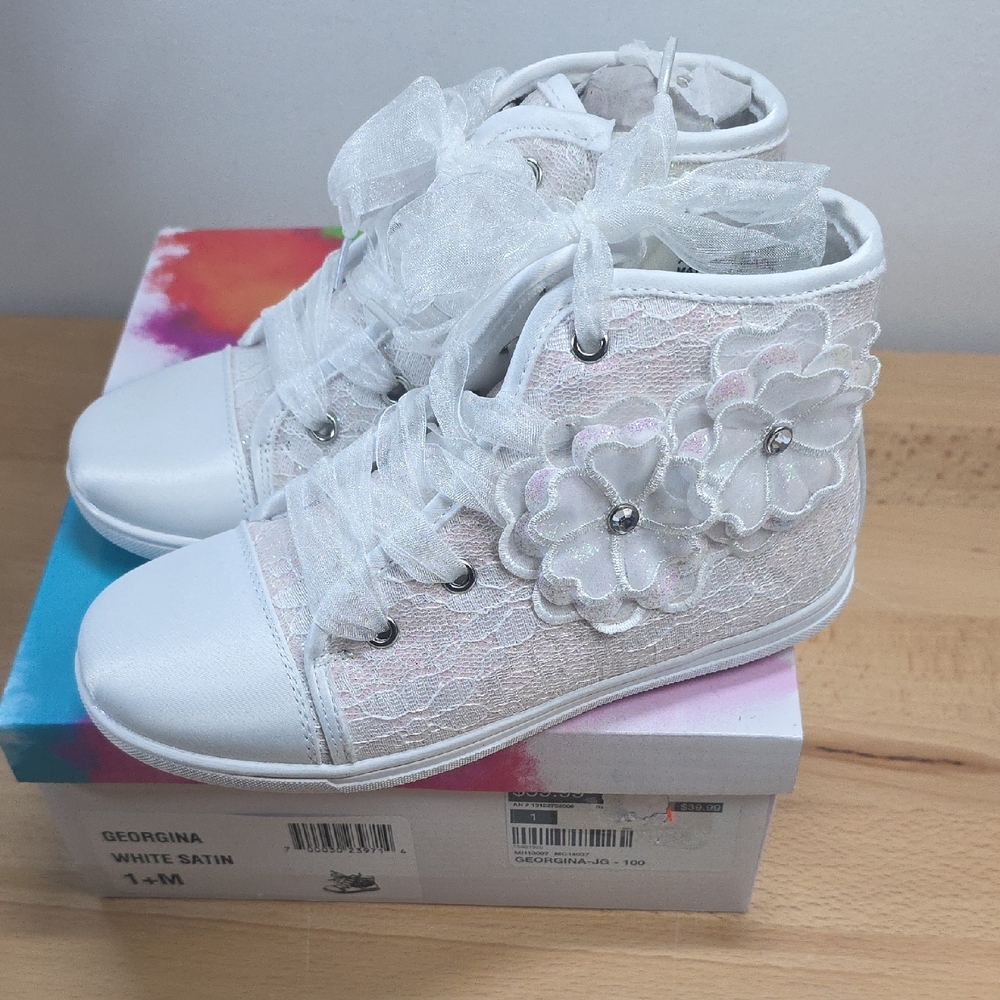White Satin Kids Shoes with Floral Design